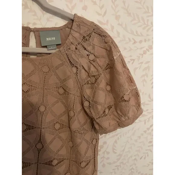 Anthropologie Maeve Beige Lace Puff Sleeve Blouse - Picture 3 of 5